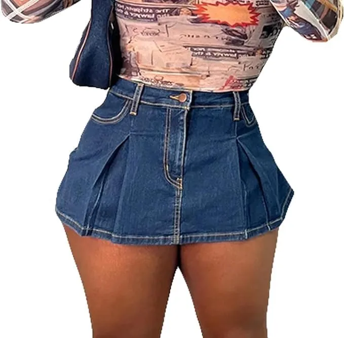 KELYWELL Women Denim Skorts Skirts Casual Pleated High Waisted Mini Skirts Shorts Jeans Summer Vintage Streetwear