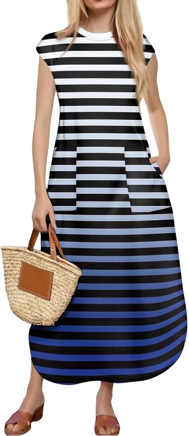 Kenvina Womens Summer Floral Midi Dresses Cap Sleeve Beach Vacation Dress V Neck Long Flowy Boho Casual Dress with Pocket