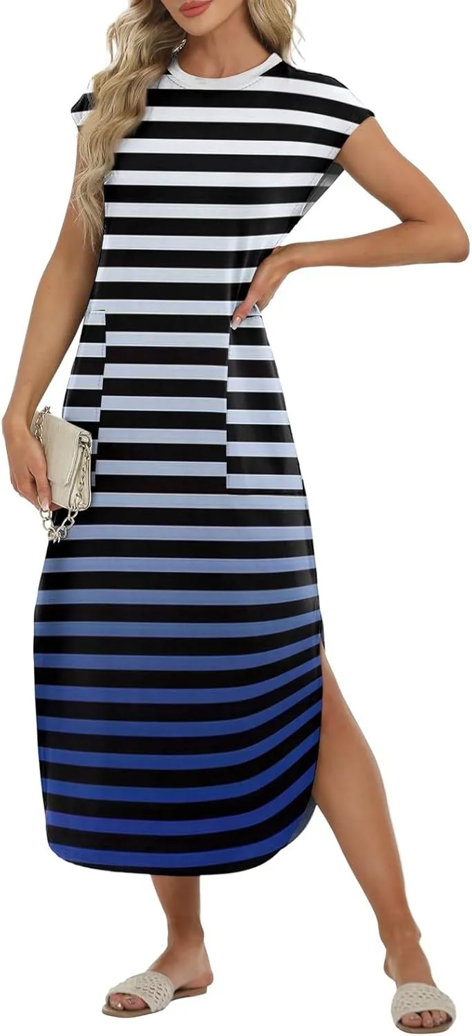 Kenvina Womens Summer Floral Midi Dresses Cap Sleeve Beach Vacation Dress V Neck Long Flowy Boho Casual Dress with Pocket