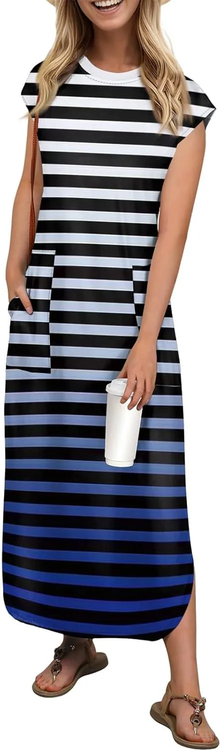 Kenvina Womens Summer Floral Midi Dresses Cap Sleeve Beach Vacation Dress V Neck Long Flowy Boho Casual Dress with Pocket