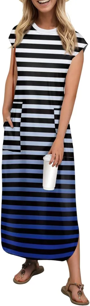 Kenvina Womens Summer Floral Midi Dresses Cap Sleeve Beach Vacation Dress V Neck Long Flowy Boho Casual Dress with Pocket