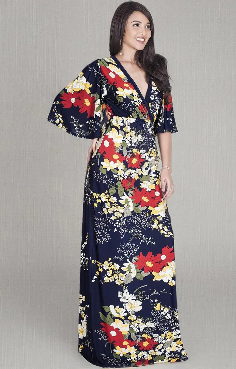 KOH KOH Womens Long 3/4 Sleeve V Neck Bohemian Print Flowy Maxi Dress Gown