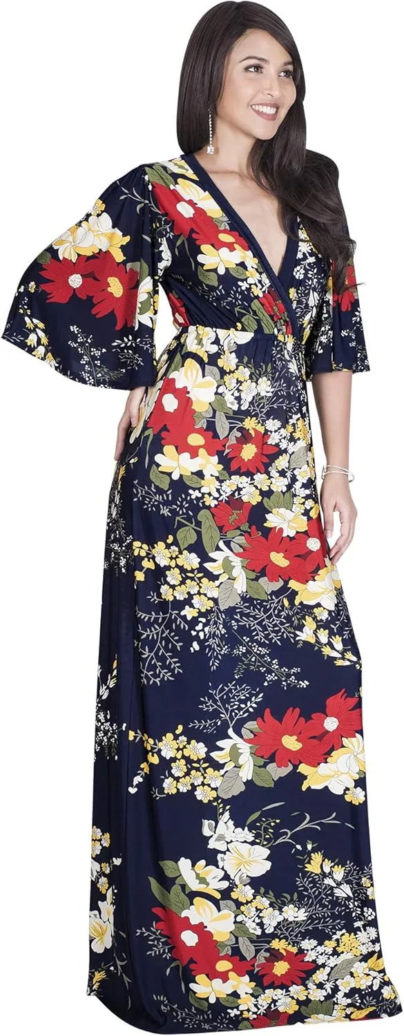 KOH KOH Womens Long 3/4 Sleeve V Neck Bohemian Print Flowy Maxi Dress Gown