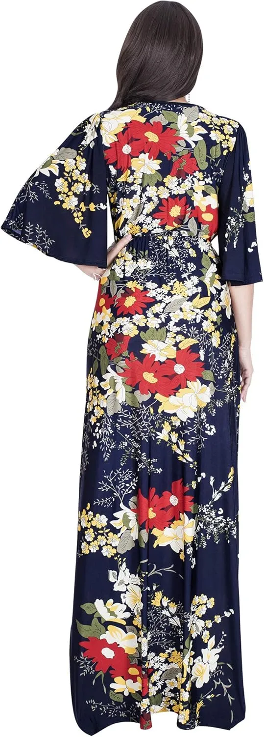KOH KOH Womens Long 3/4 Sleeve V Neck Bohemian Print Flowy Maxi Dress Gown