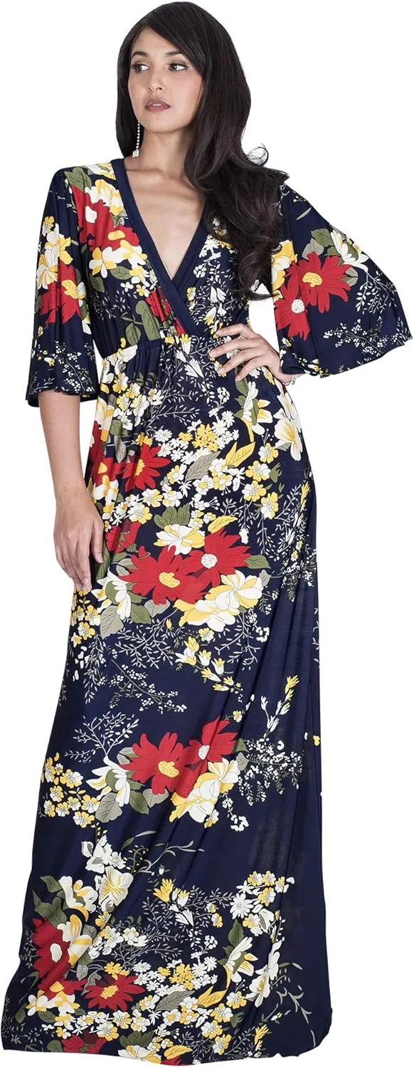 KOH KOH Womens Long 3/4 Sleeve V Neck Bohemian Print Flowy Maxi Dress Gown