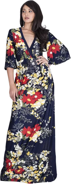 KOH KOH Womens Long 3/4 Sleeve V Neck Bohemian Print Flowy Maxi Dress Gown