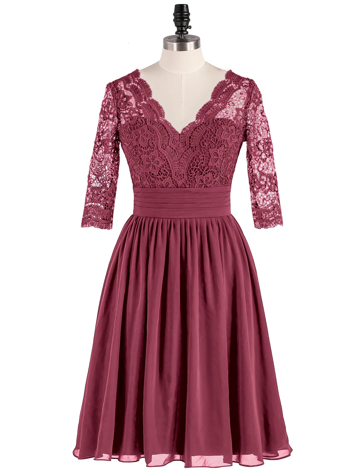 Lace and Chiffon Short Dress with Half Sleeves Mulberry