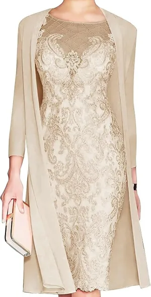 Lace Mother of The Bride Dress with Jacket for Wedding Knee Length Chiffon 3/4 Sleeve Formal Evening Party Gown for Women Champagne US16