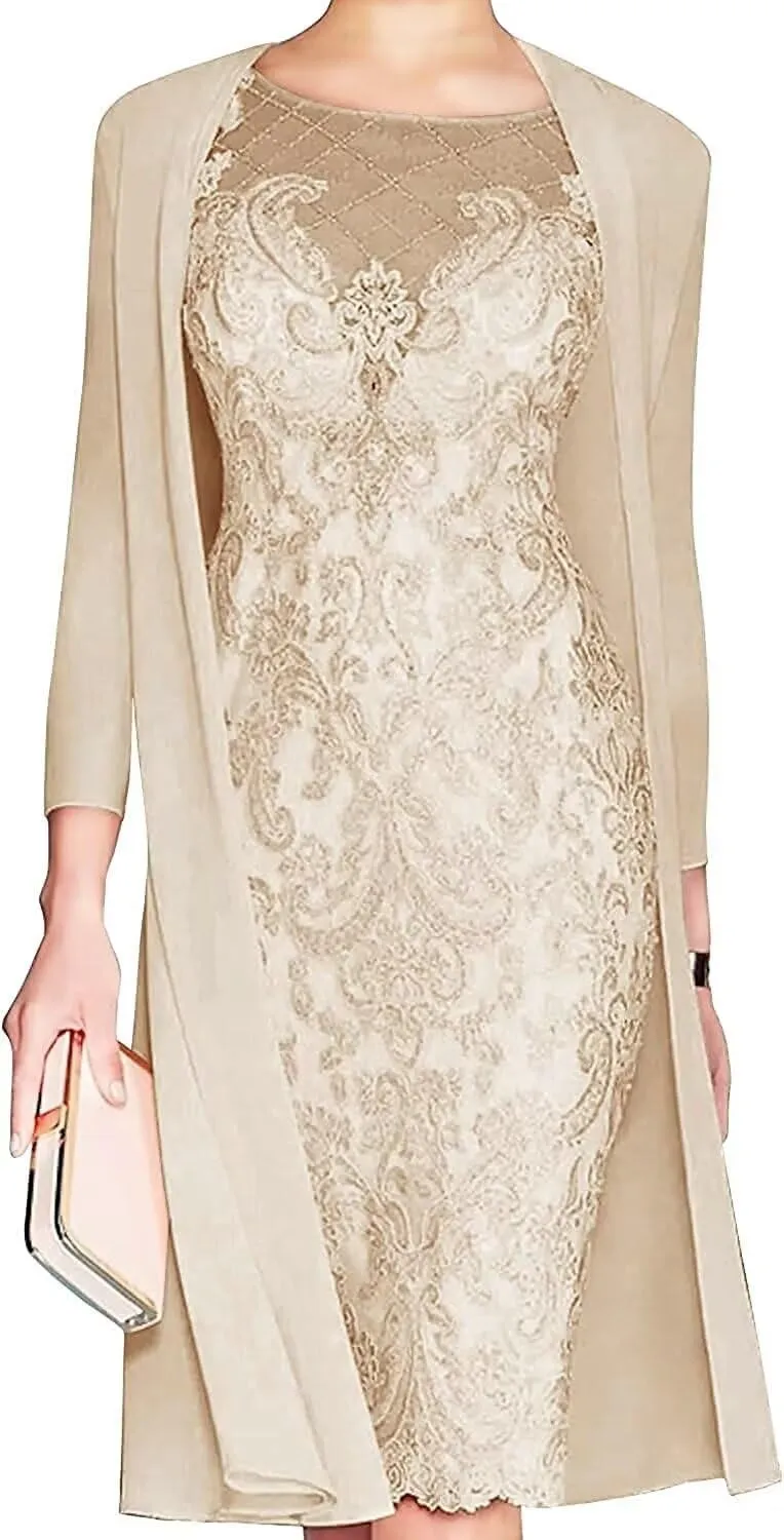 Lace Mother of The Bride Dress with Jacket for Wedding Knee Length Chiffon 3/4 Sleeve Formal Evening Party Gown for Women Champagne US16