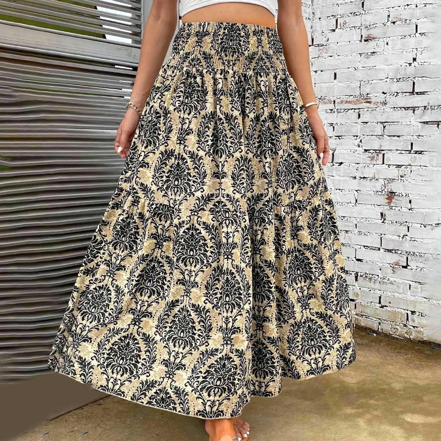 Ladies Boho Maxi Skirt Flowy Floral Pleated Skirts Summer Beach Long Skirt High Waisted Mexico Vacation Clothes for Women