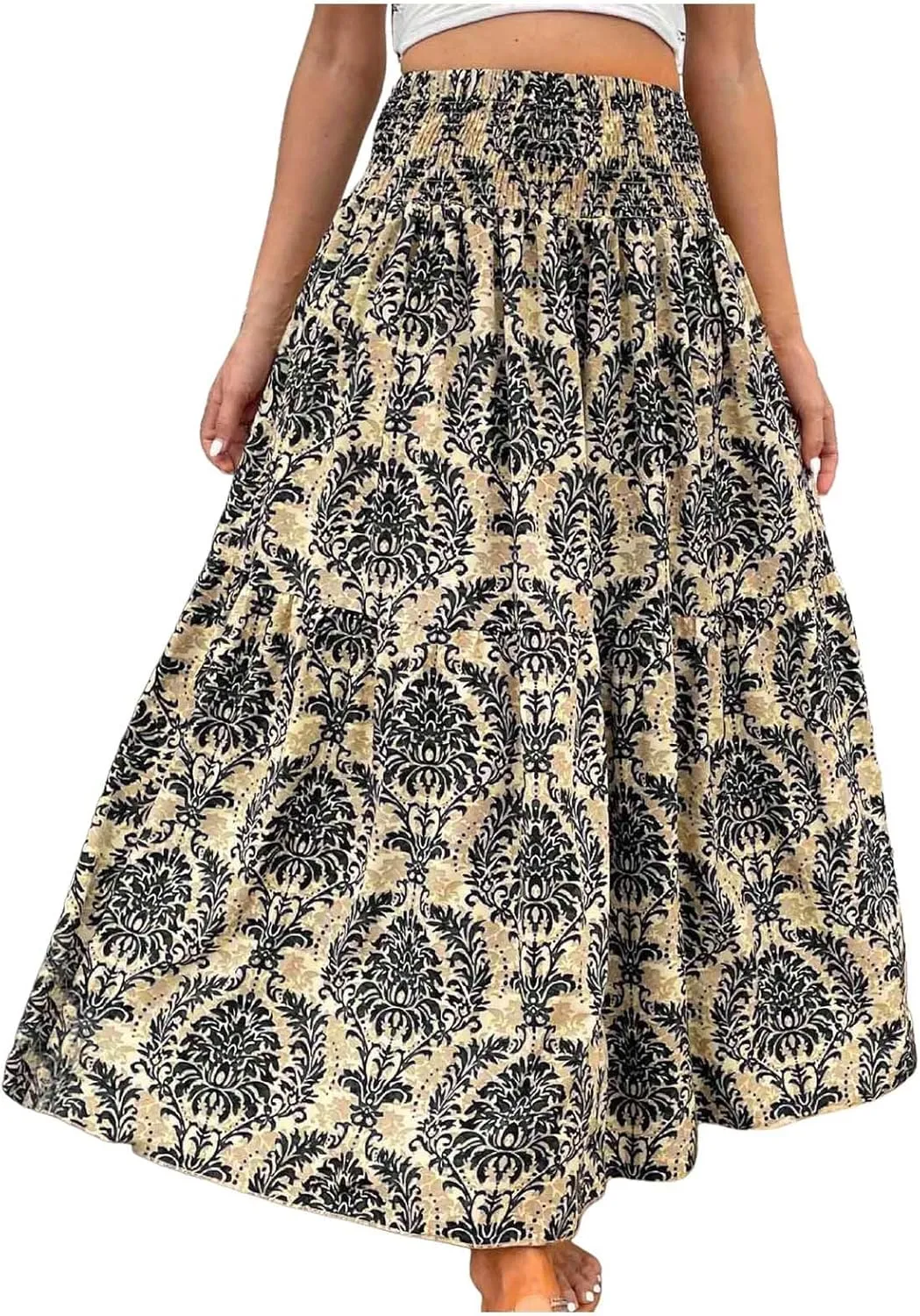 Ladies Boho Maxi Skirt Flowy Floral Pleated Skirts Summer Beach Long Skirt High Waisted Mexico Vacation Clothes for Women