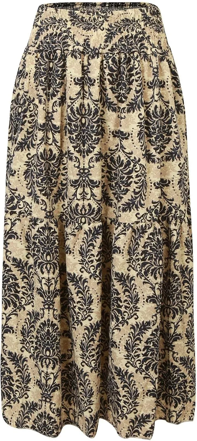 Ladies Boho Maxi Skirt Flowy Floral Pleated Skirts Summer Beach Long Skirt High Waisted Mexico Vacation Clothes for Women