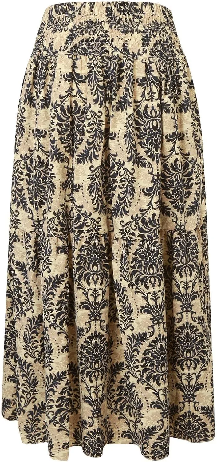 Ladies Boho Maxi Skirt Flowy Floral Pleated Skirts Summer Beach Long Skirt High Waisted Mexico Vacation Clothes for Women
