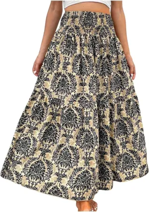 Ladies Boho Maxi Skirt Flowy Floral Pleated Skirts Summer Beach Long Skirt High Waisted Mexico Vacation Clothes for Women