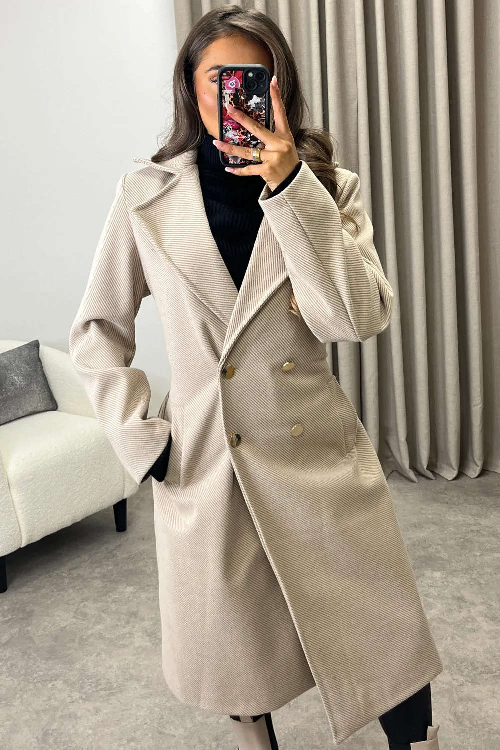 Lauran Beige Striped Wool Look Belted Longline Trench Coat
