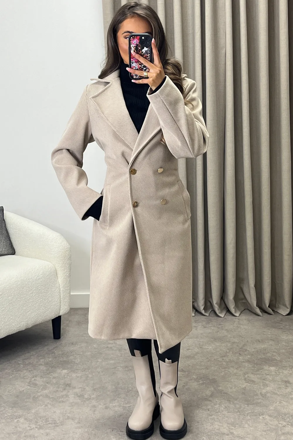 Lauran Beige Striped Wool Look Belted Longline Trench Coat