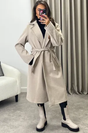 Lauran Beige Striped Wool Look Belted Longline Trench Coat