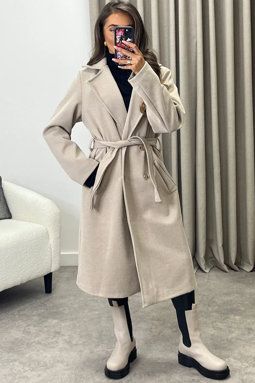 Lauran Beige Striped Wool Look Belted Longline Trench Coat