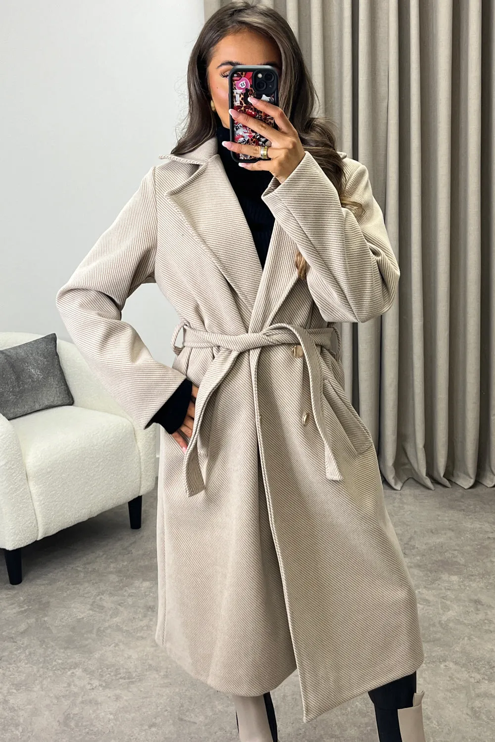 Lauran Beige Striped Wool Look Belted Longline Trench Coat