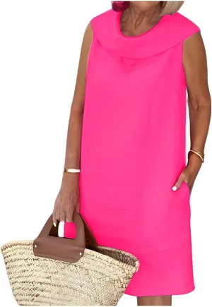 Linen Dress for Women Plus Size Sleeveless Turtleneck Tank Mini Dresses Casual Solid Flowy Midi Dresses with Pockets