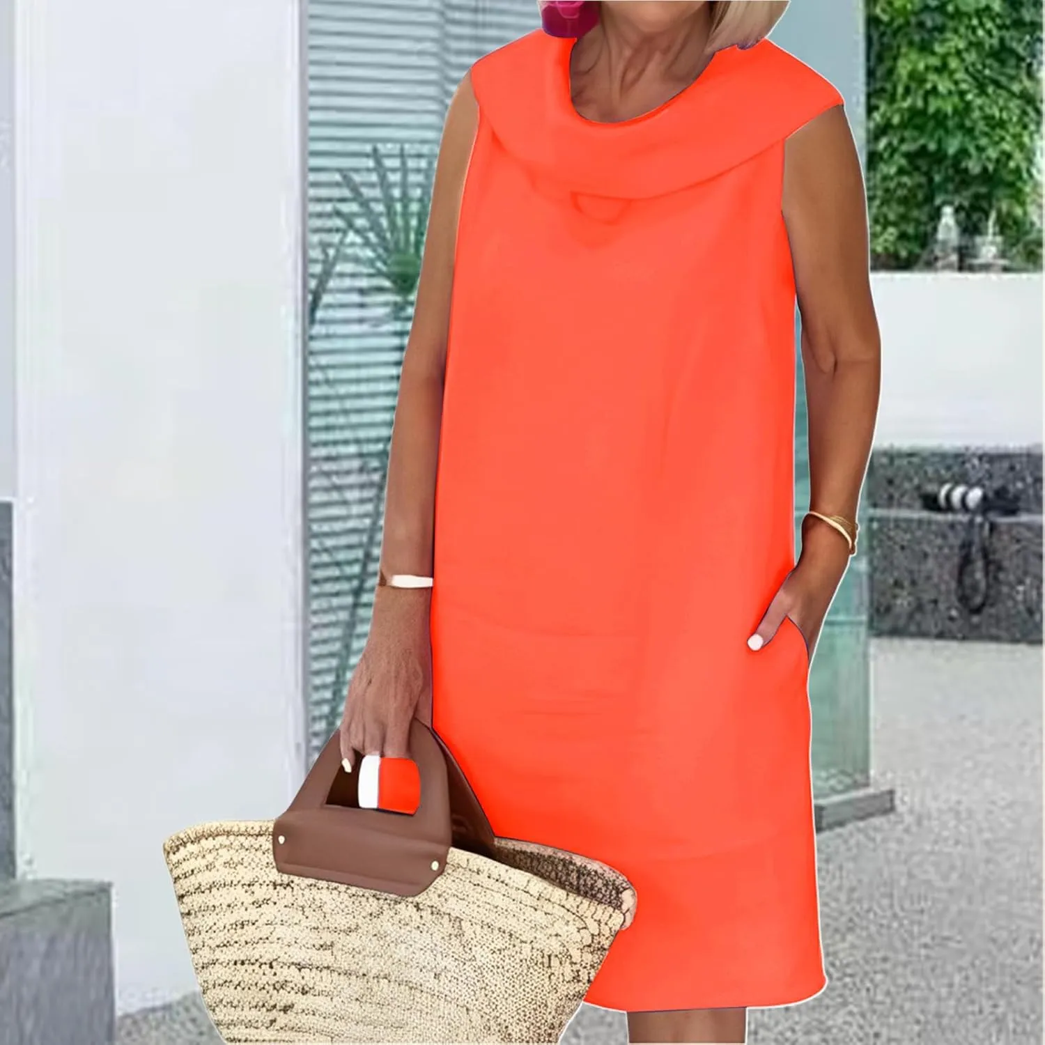Linen Dress for Women Plus Size Sleeveless Turtleneck Tank Mini Dresses Casual Solid Flowy Midi Dresses with Pockets