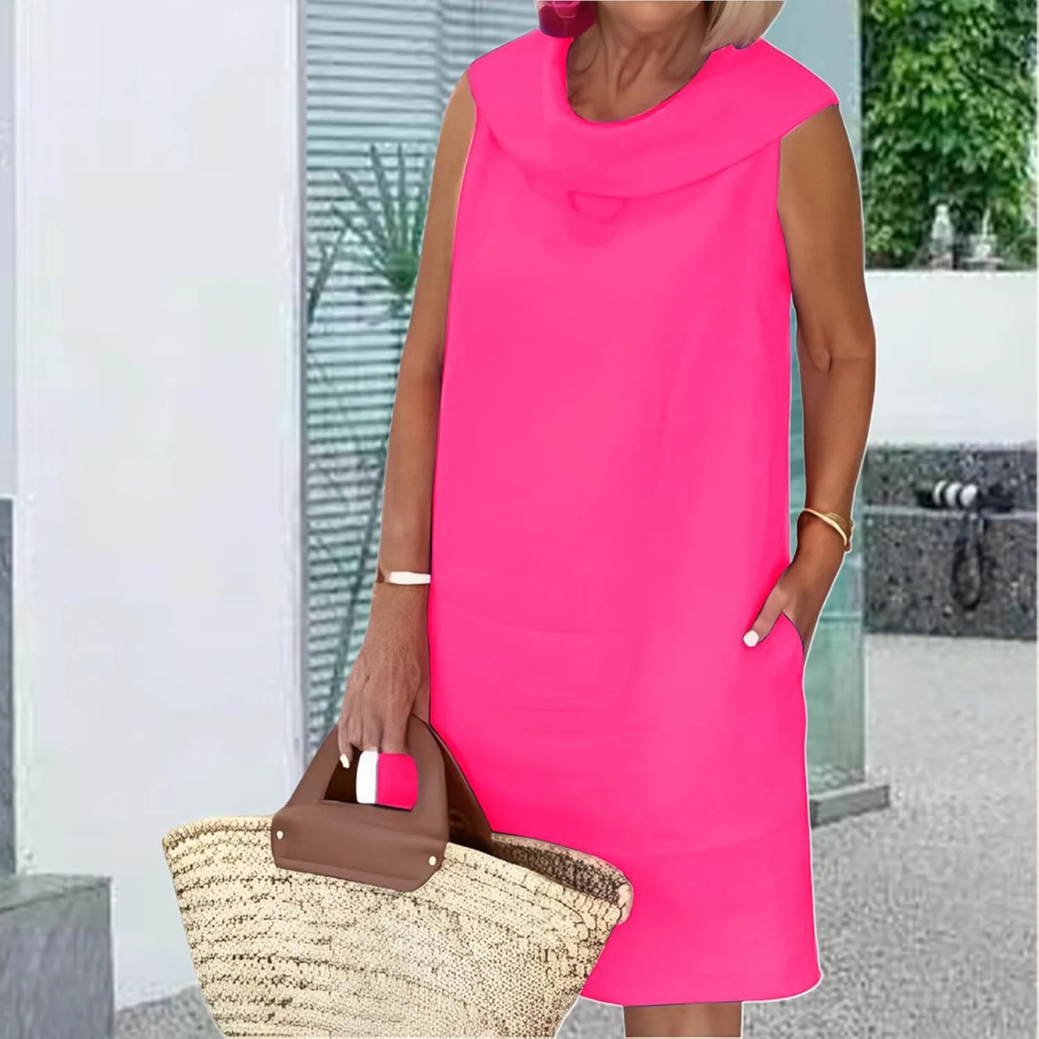 Linen Dress for Women Plus Size Sleeveless Turtleneck Tank Mini Dresses Casual Solid Flowy Midi Dresses with Pockets