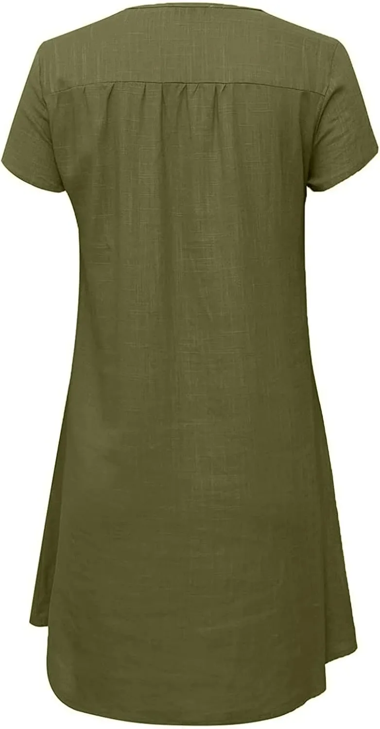 Linen Dress Women Summer Short Sleeve Midi Beach Dress Boho V Neck Casual Loose Flowy Dresses Cruise Vacation Outfits