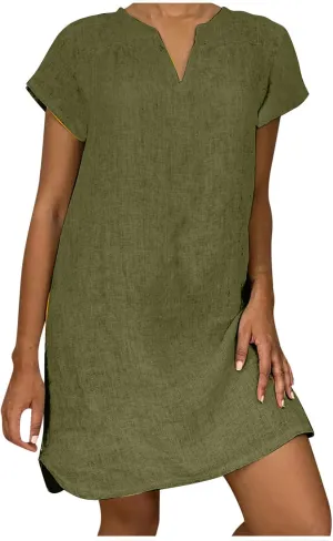 Linen Dress Women Summer Short Sleeve Midi Beach Dress Boho V Neck Casual Loose Flowy Dresses Cruise Vacation Outfits