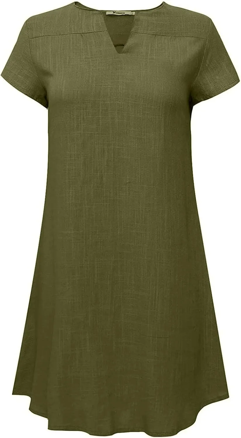 Linen Dress Women Summer Short Sleeve Midi Beach Dress Boho V Neck Casual Loose Flowy Dresses Cruise Vacation Outfits
