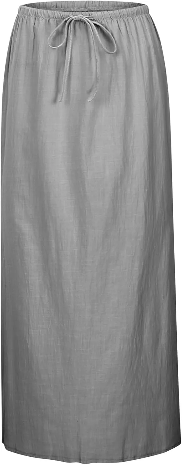 Linen Maxi Skirts for Women Trendy Summer Flared Drawstring Low Waist A Line Skirts Casual Ankle-Length Flowy Long Skirts