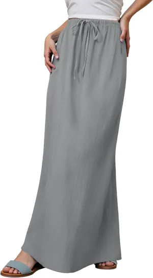 Linen Maxi Skirts for Women Trendy Summer Flared Drawstring Low Waist A Line Skirts Casual Ankle-Length Flowy Long Skirts
