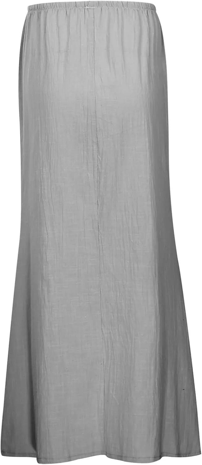 Linen Maxi Skirts for Women Trendy Summer Flared Drawstring Low Waist A Line Skirts Casual Ankle-Length Flowy Long Skirts