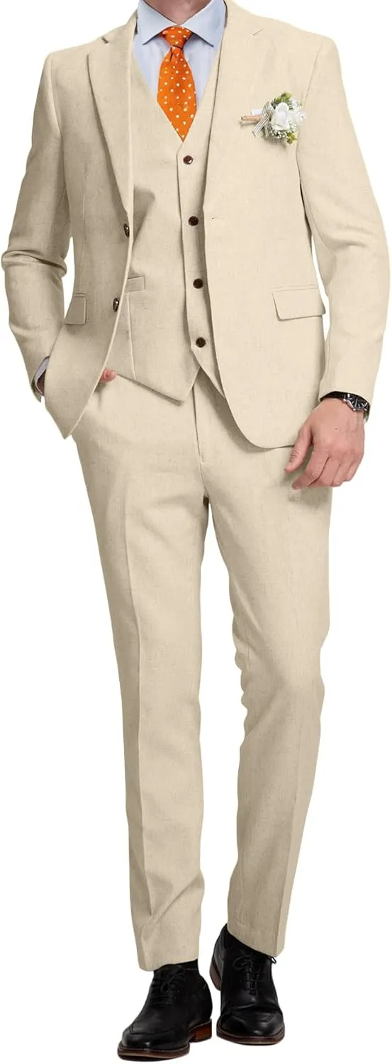 Linen Mens Suits 3 Piece Slim Fit Tuxedo Suit for Men Beach Wedding Formal Business Suit Groom Prom Set Outfits