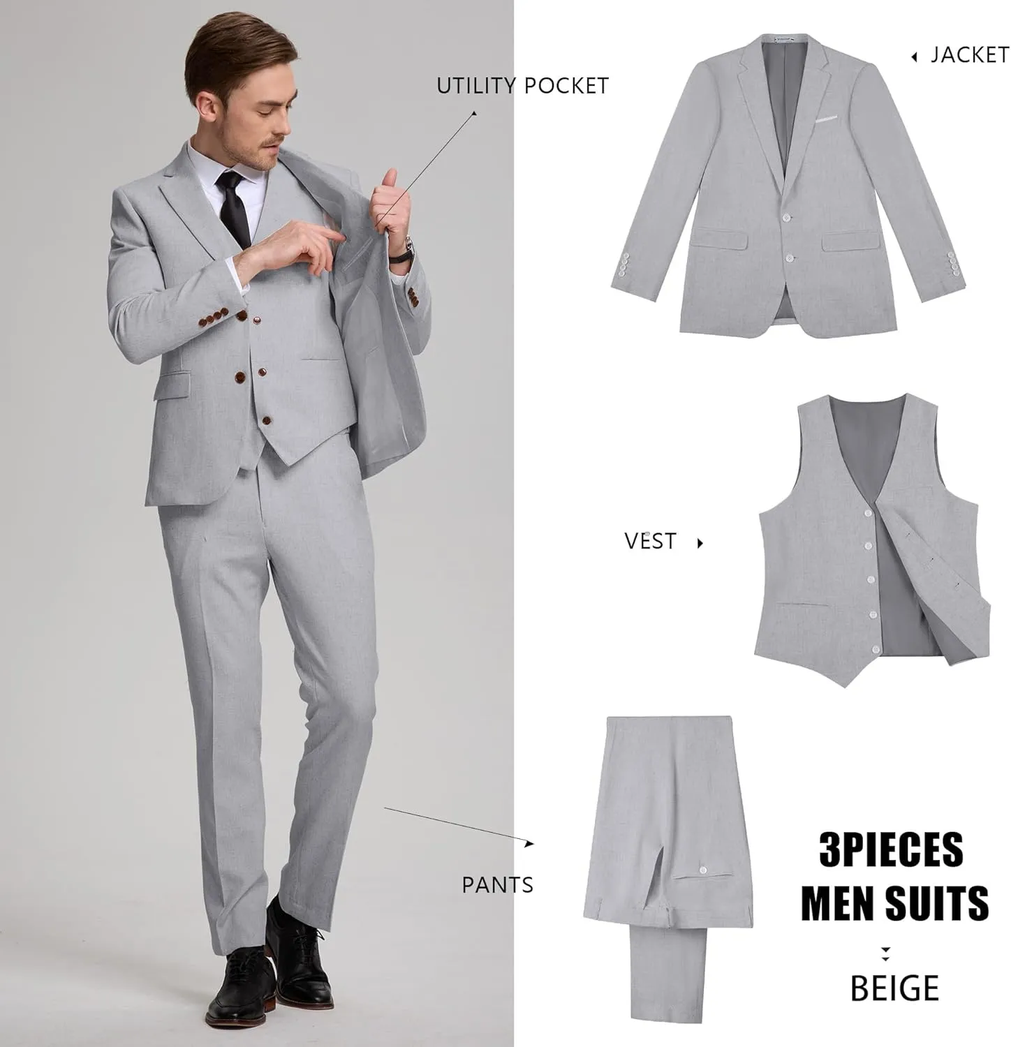 Linen Mens Suits 3 Piece Slim Fit Tuxedo Suit for Men Beach Wedding Formal Business Suit Groom Prom Set Outfits
