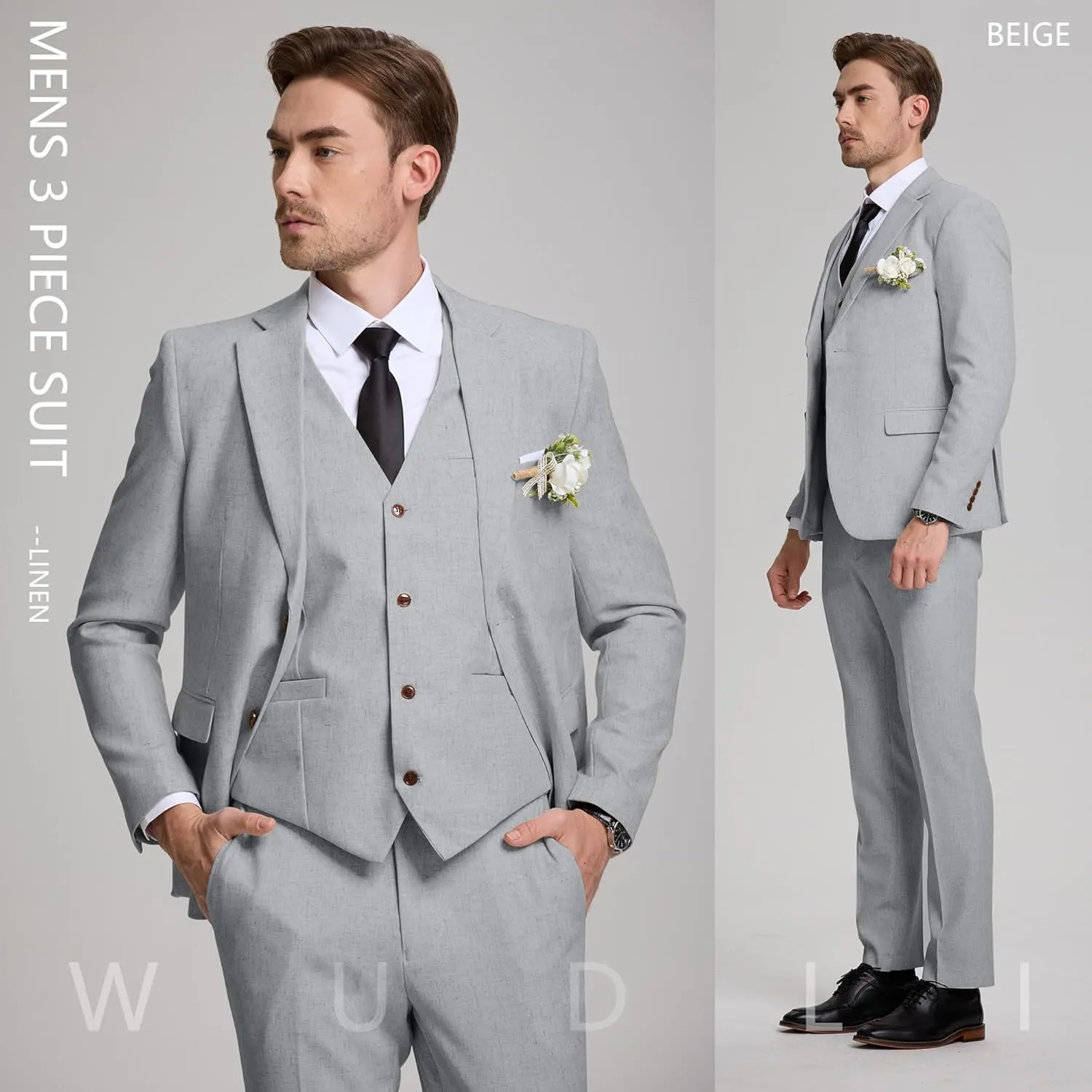 Linen Mens Suits 3 Piece Slim Fit Tuxedo Suit for Men Beach Wedding Formal Business Suit Groom Prom Set Outfits