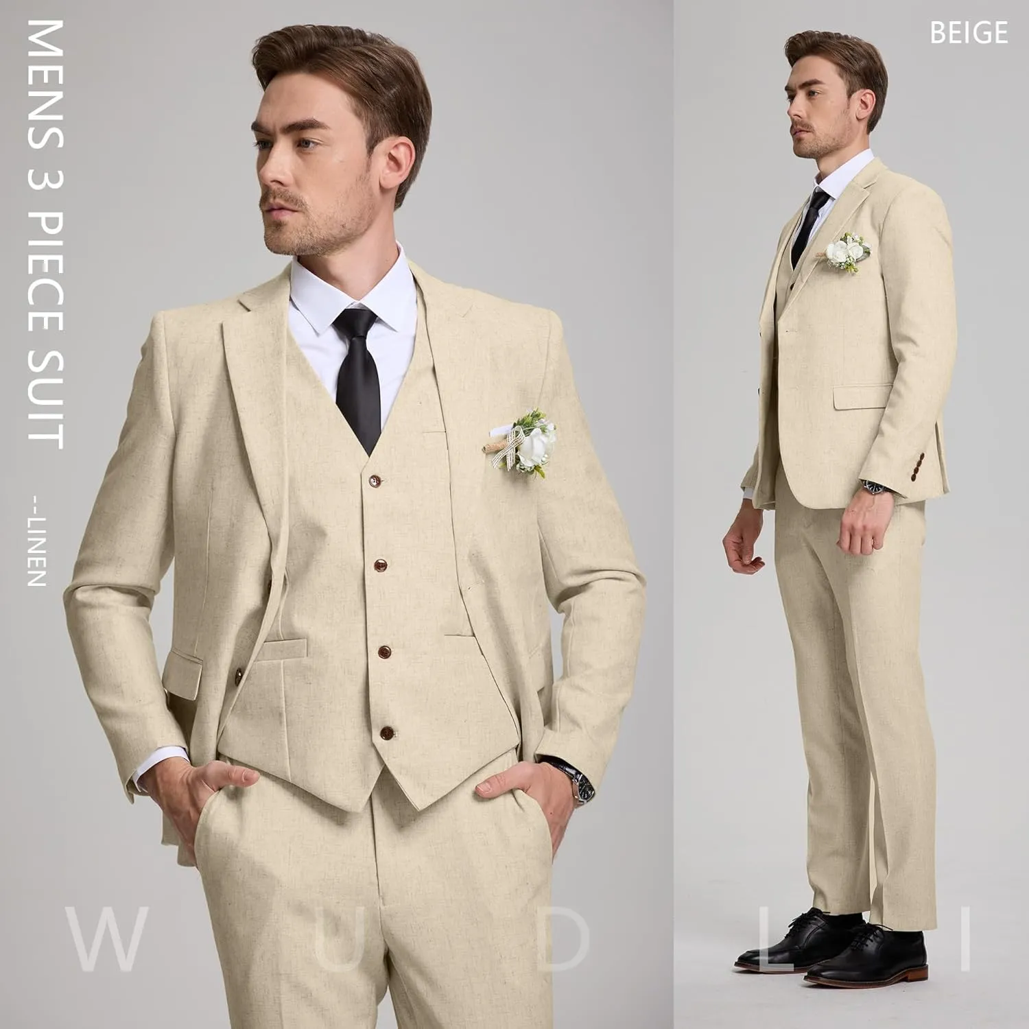 Linen Mens Suits 3 Piece Slim Fit Tuxedo Suit for Men Beach Wedding Formal Business Suit Groom Prom Set Outfits