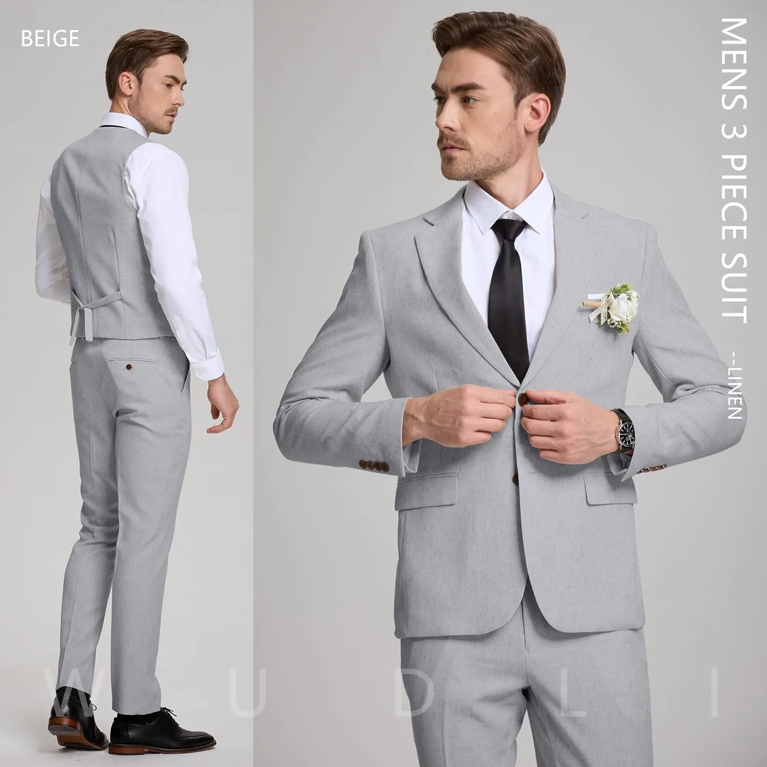 Linen Mens Suits 3 Piece Slim Fit Tuxedo Suit for Men Beach Wedding Formal Business Suit Groom Prom Set Outfits