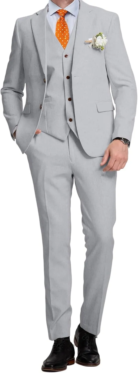 Linen Mens Suits 3 Piece Slim Fit Tuxedo Suit for Men Beach Wedding Formal Business Suit Groom Prom Set Outfits