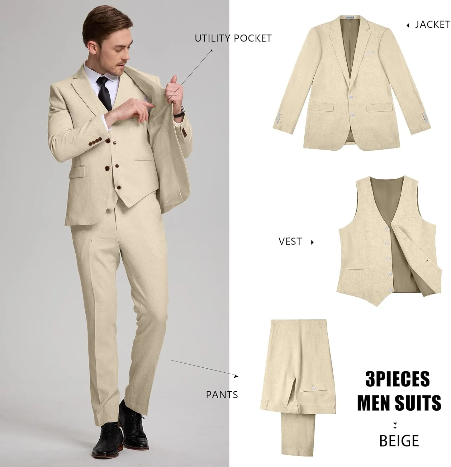 Linen Mens Suits 3 Piece Slim Fit Tuxedo Suit for Men Beach Wedding Formal Business Suit Groom Prom Set Outfits