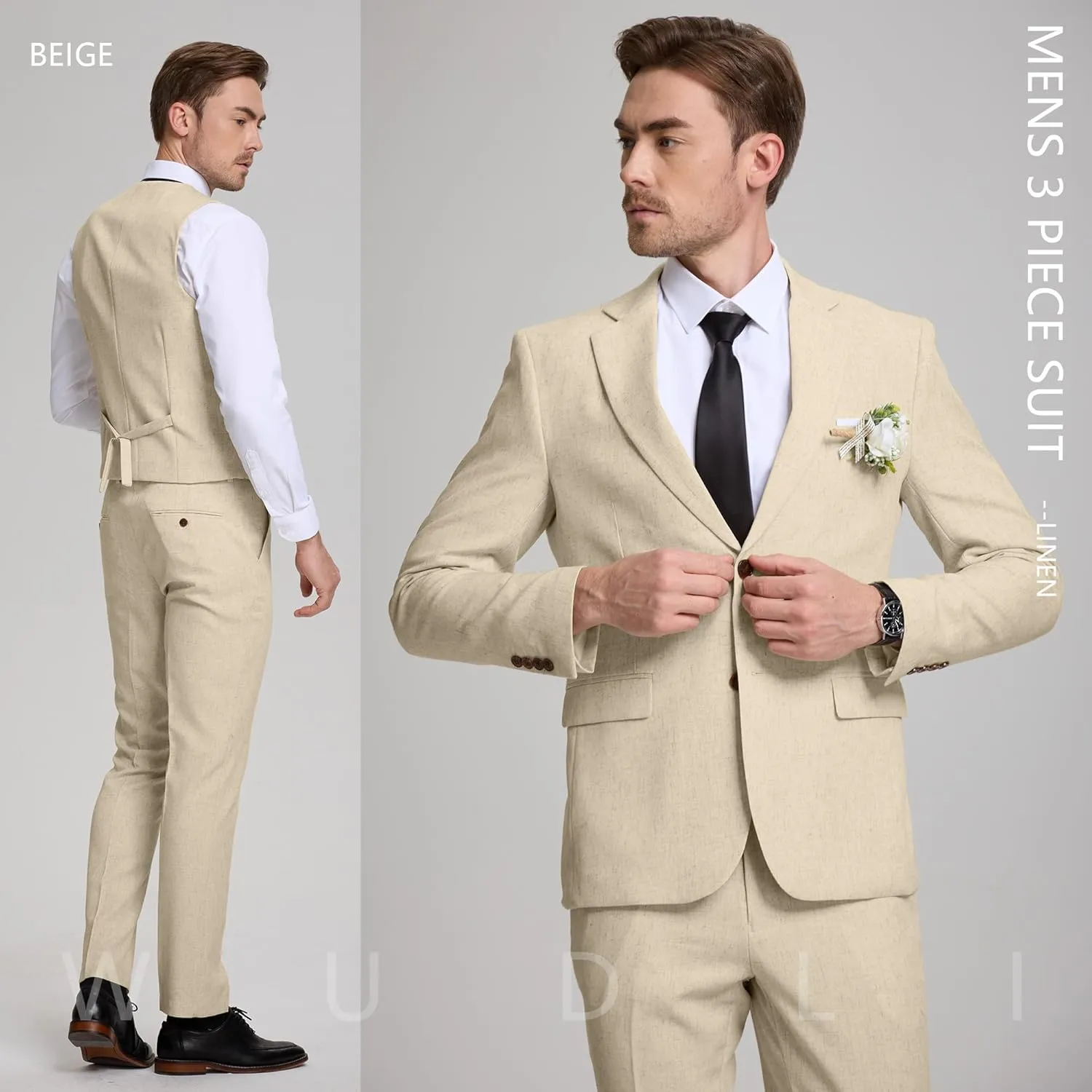 Linen Mens Suits 3 Piece Slim Fit Tuxedo Suit for Men Beach Wedding Formal Business Suit Groom Prom Set Outfits