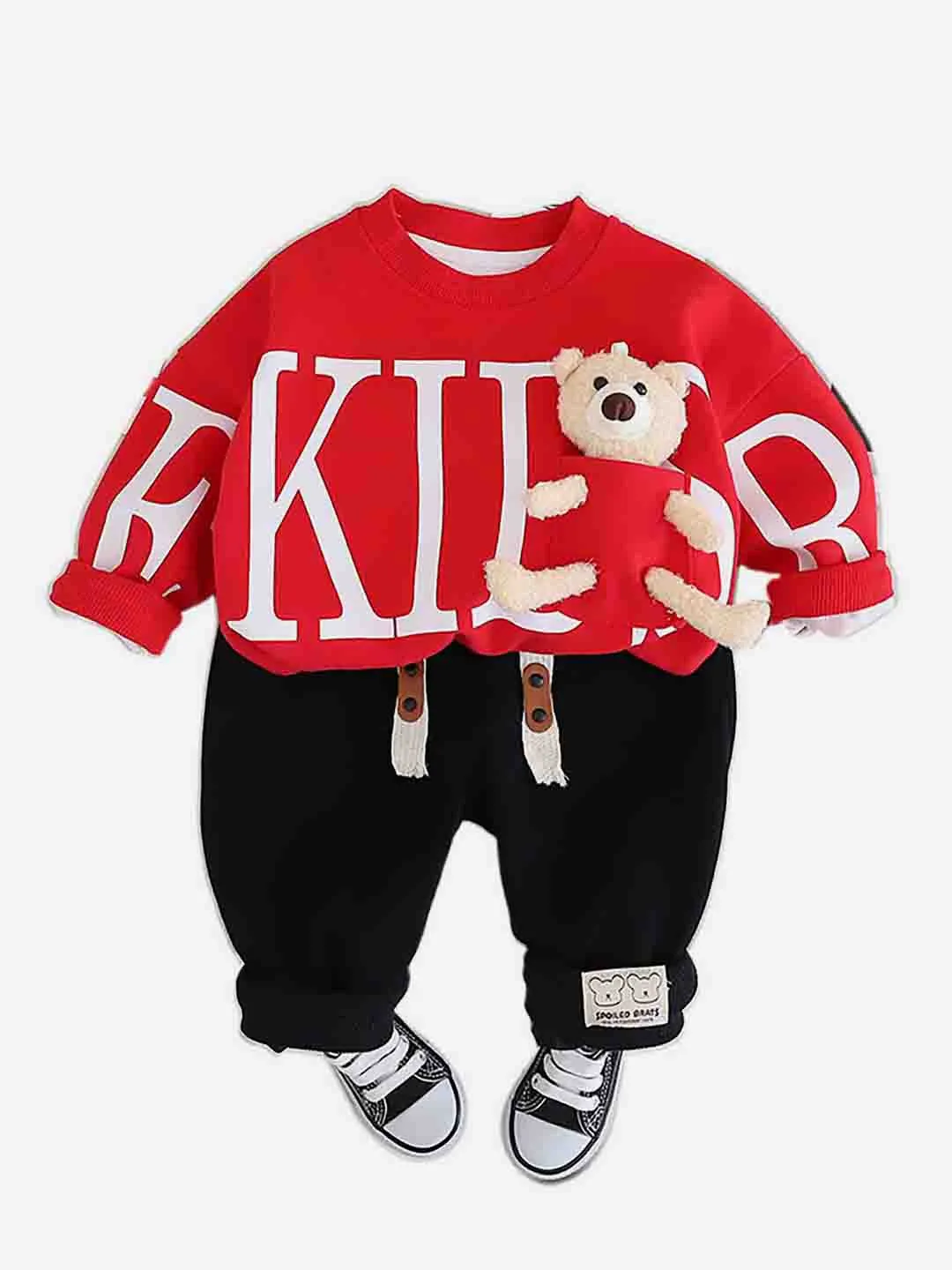 Little Surprise Box Bright Red Kids Teddy Soft Toy 2 Pcs Track Suit Set For Toddlers And Kids