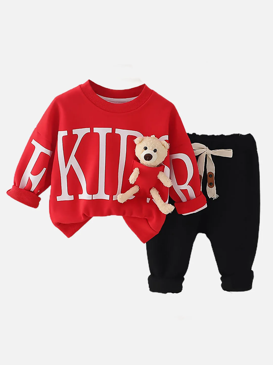 Little Surprise Box Bright Red Kids Teddy Soft Toy 2 Pcs Track Suit Set For Toddlers And Kids