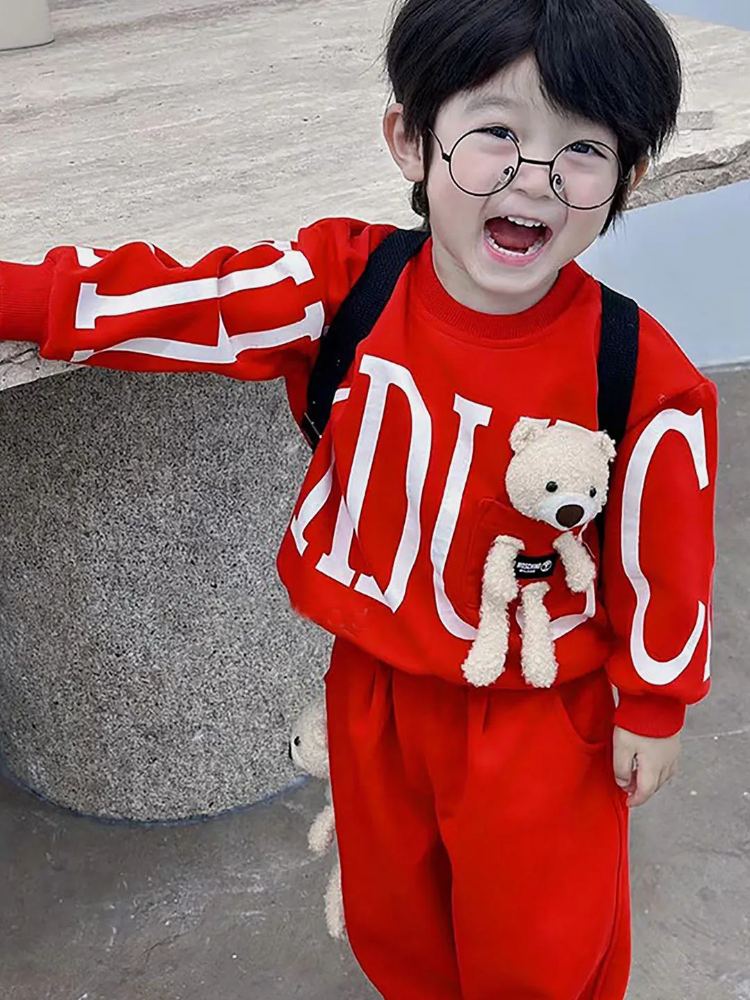 Little Surprise Box Bright Red Kids Teddy Soft Toy 2 Pcs Track Suit Set For Toddlers And Kids