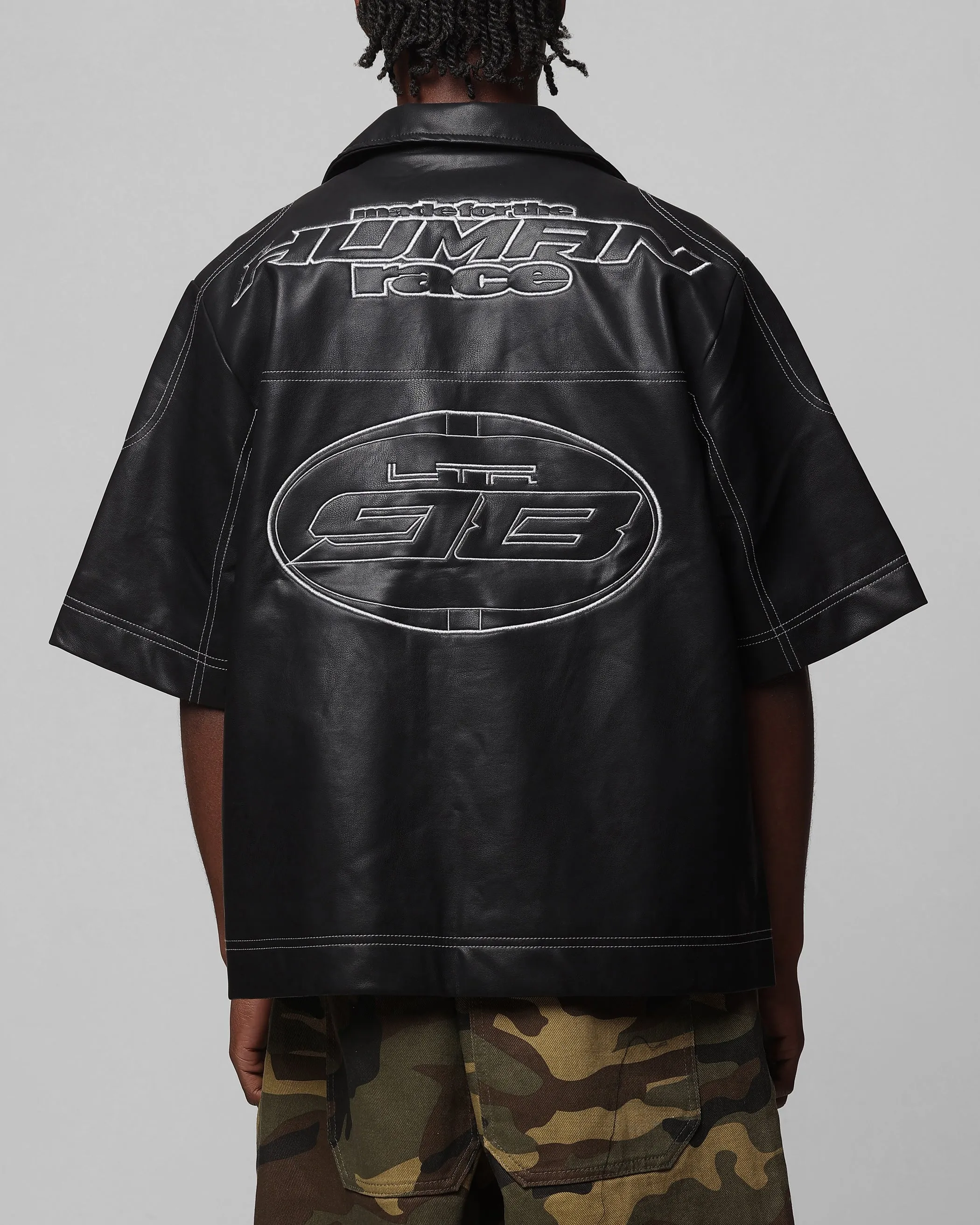 Loiter Motor PU Leather Button Up Shirt Black