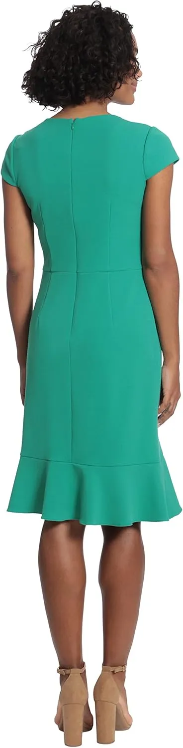 London Times Women's Cap Sleeve Surplus V-Neck Knee Length Dress with Ruffle Faux Wrap Skirt