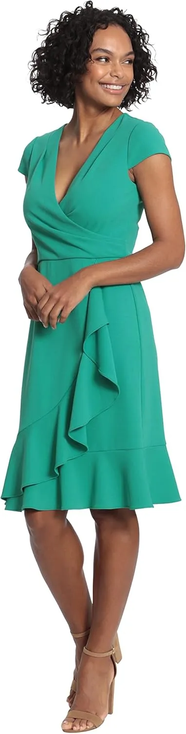London Times Women's Cap Sleeve Surplus V-Neck Knee Length Dress with Ruffle Faux Wrap Skirt