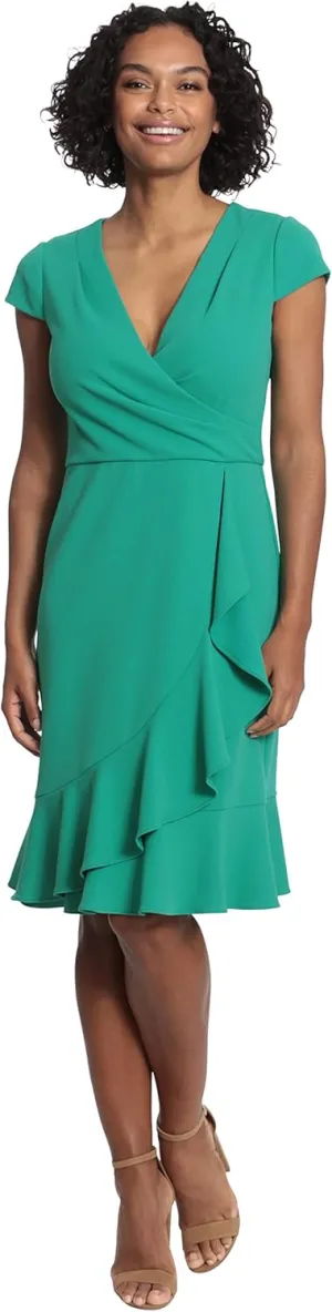 London Times Women's Cap Sleeve Surplus V-Neck Knee Length Dress with Ruffle Faux Wrap Skirt