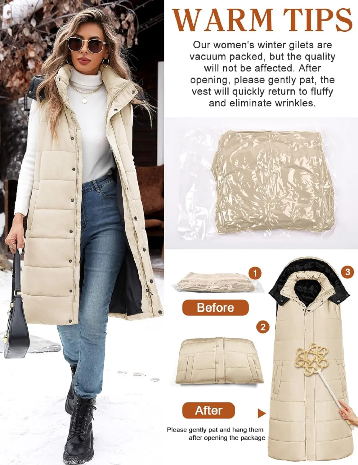 Long Puffer Vest Women With Hood Sleeveless Down Vest Warm Jacket Winter Coat With Pockets