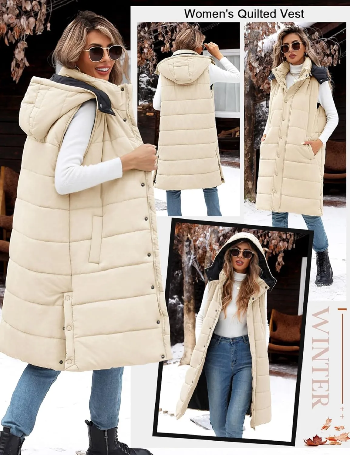 Long Puffer Vest Women With Hood Sleeveless Down Vest Warm Jacket Winter Coat With Pockets