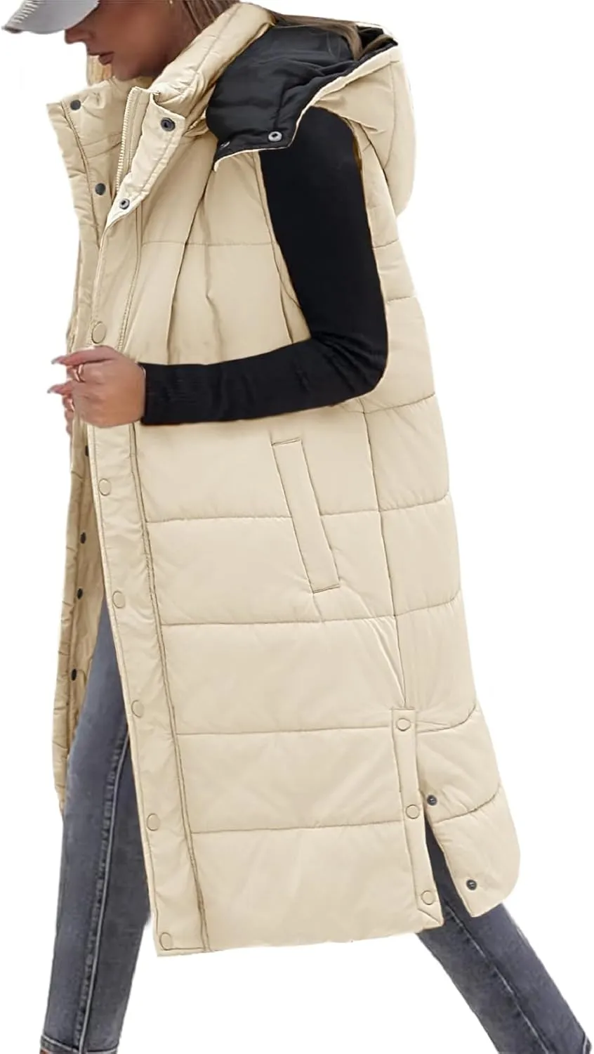 Long Puffer Vest Women With Hood Sleeveless Down Vest Warm Jacket Winter Coat With Pockets